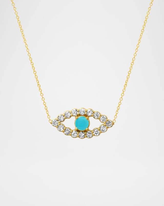 18K Yellow Gold Medium Open Evil Eye Necklace with Turquoise and Diamonds